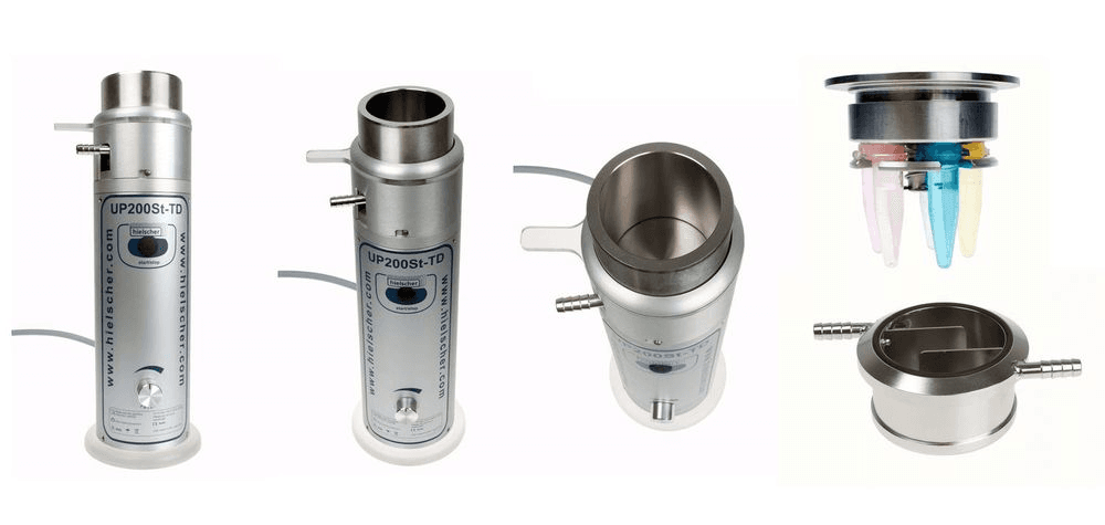  Ultrasonic cup horn TD_CupHorn for intense sonication from different angles. Top right: vial holder for sonication of up to 5 eppendorf tubes. Bottom right: Flow cell attachment